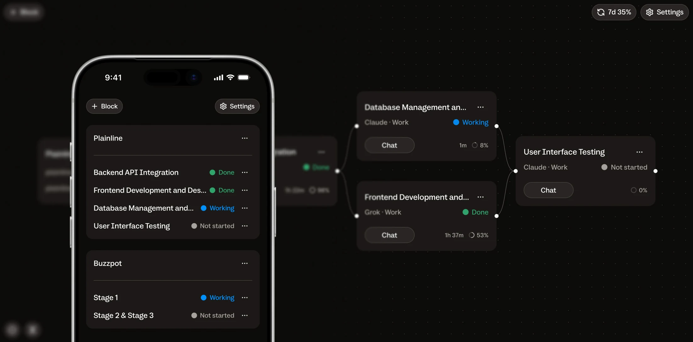 Buzzpot on a phone: projects and their agents with statuses, next to the same cards on the Mac canvas