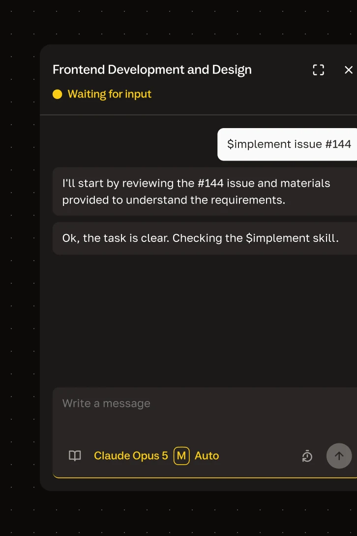 An agent's chat panel with the task prompt, the agent's replies, and the model picker