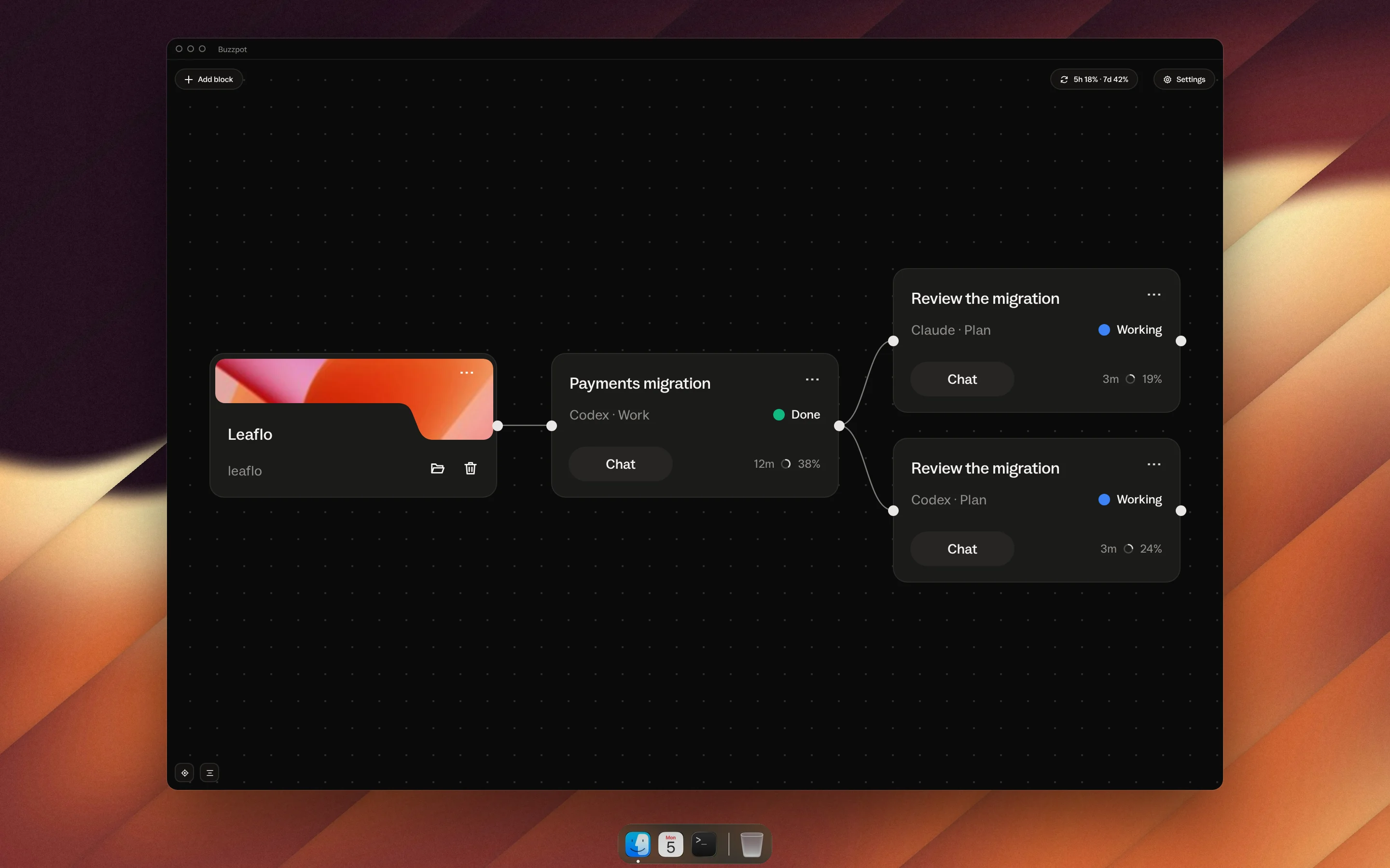 A project, a payments migration task and two review cards on the Buzzpot canvas, one on Claude and one on Codex