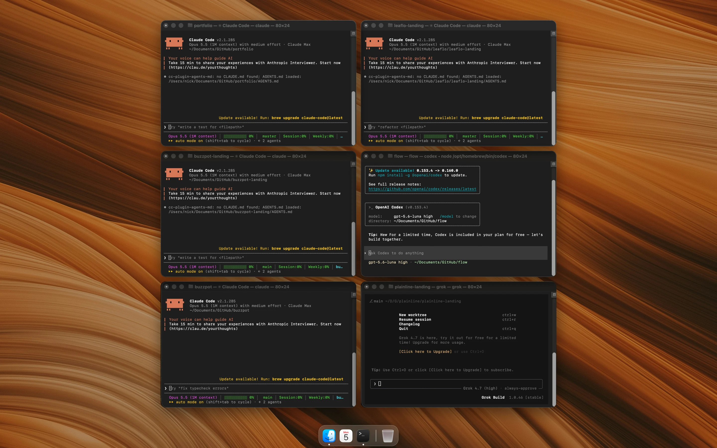 Six terminal windows running Claude Code, Codex and Grok sessions in different projects