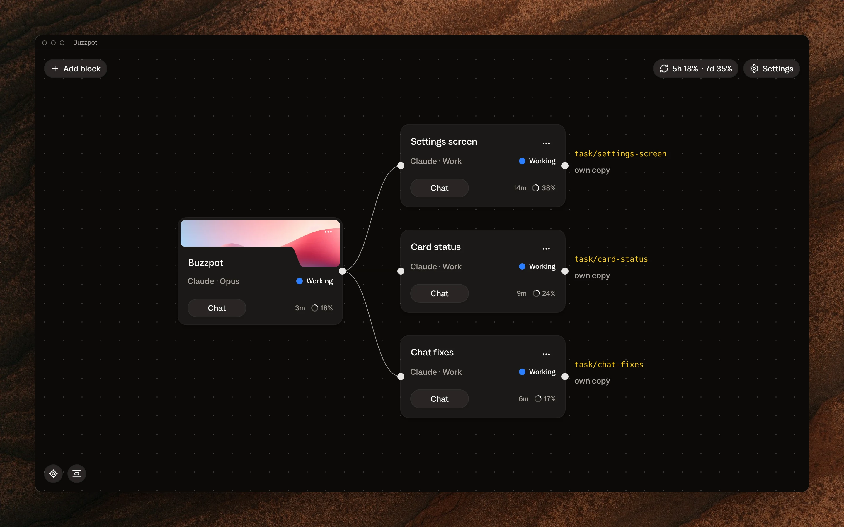 The Buzzpot canvas: a project card linked to three agent cards, each on its own branch with its own copy of the project