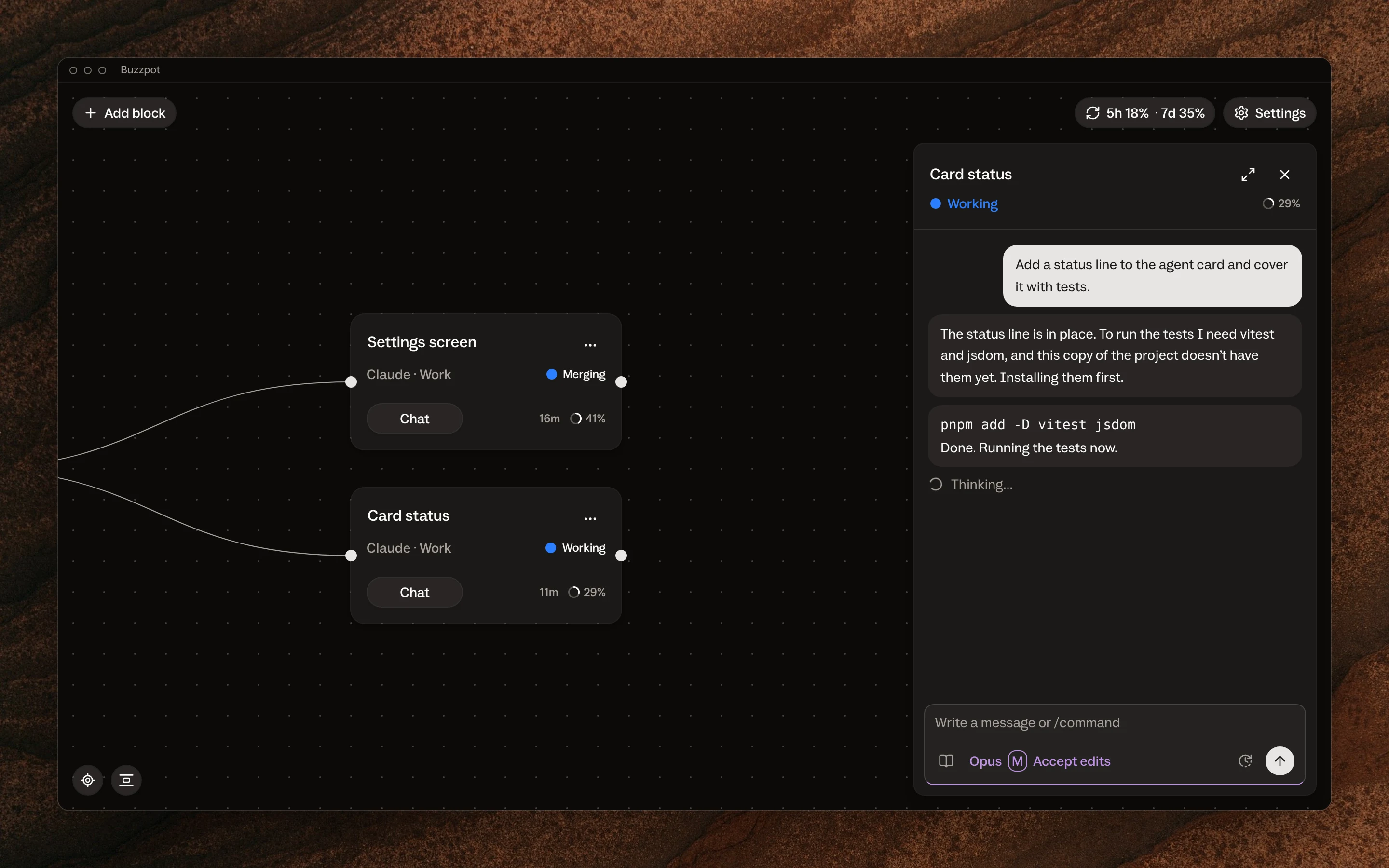 The Buzzpot canvas: one agent card is Merging, and the chat of the next card shows the agent installing vitest and jsdom for its tests
