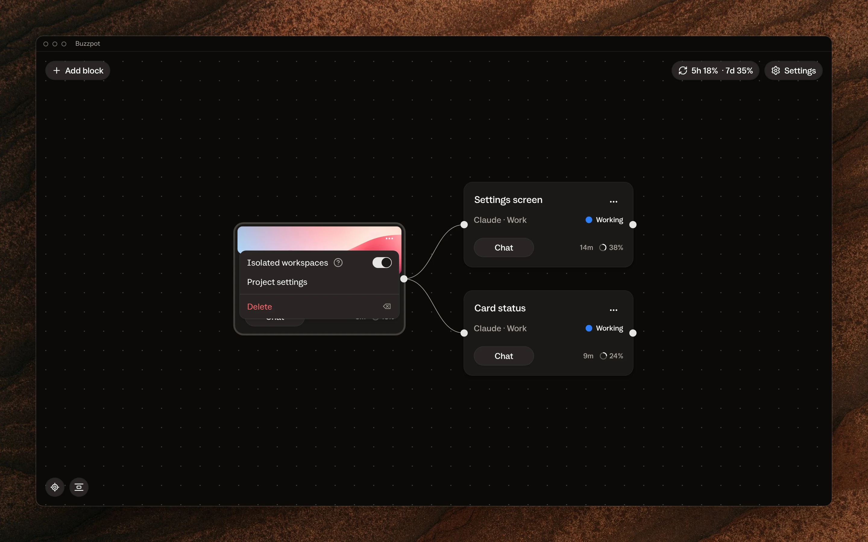 The project card menu in Buzzpot with the Isolated workspaces switch turned on and two agent cards working