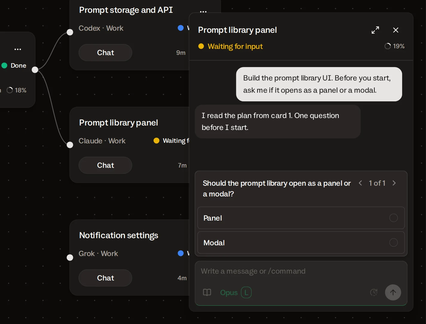 Chat panel of the Prompt library panel card: the agent asks if the library opens as a panel or a modal, with two answer options