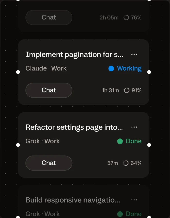 Several agent cards on one canvas, each with its agent, status, and chat