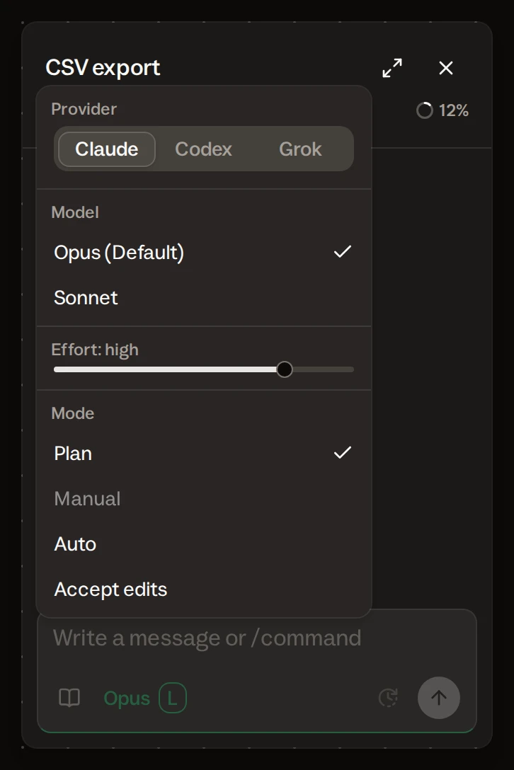 The card’s chat with the turn settings menu open: provider, model, effort and the Claude modes Plan, Manual, Auto, Accept edits