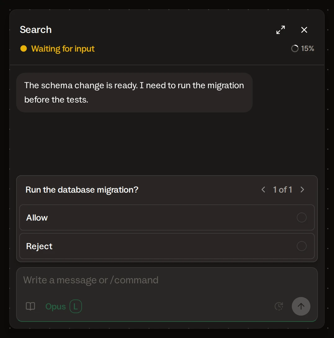 Chat of the Search card: Claude asks to run the database migration, with Allow and Reject above the message field