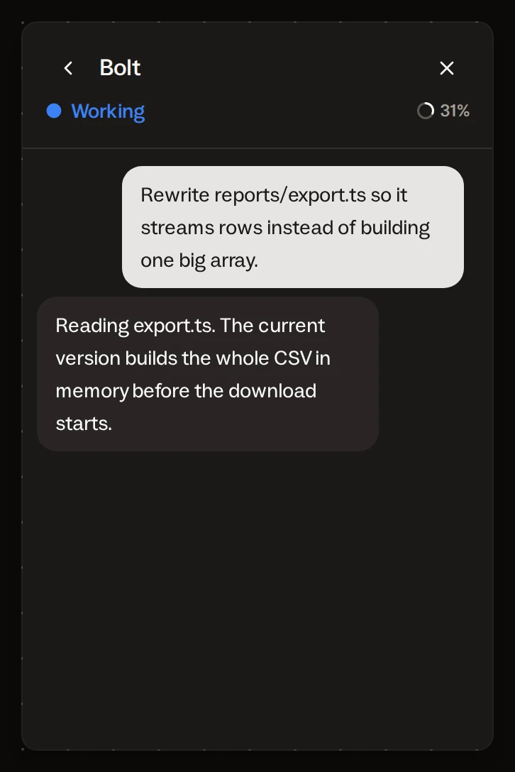 A subagent’s chat with a Back button: the task it was given and its first reply, no message field