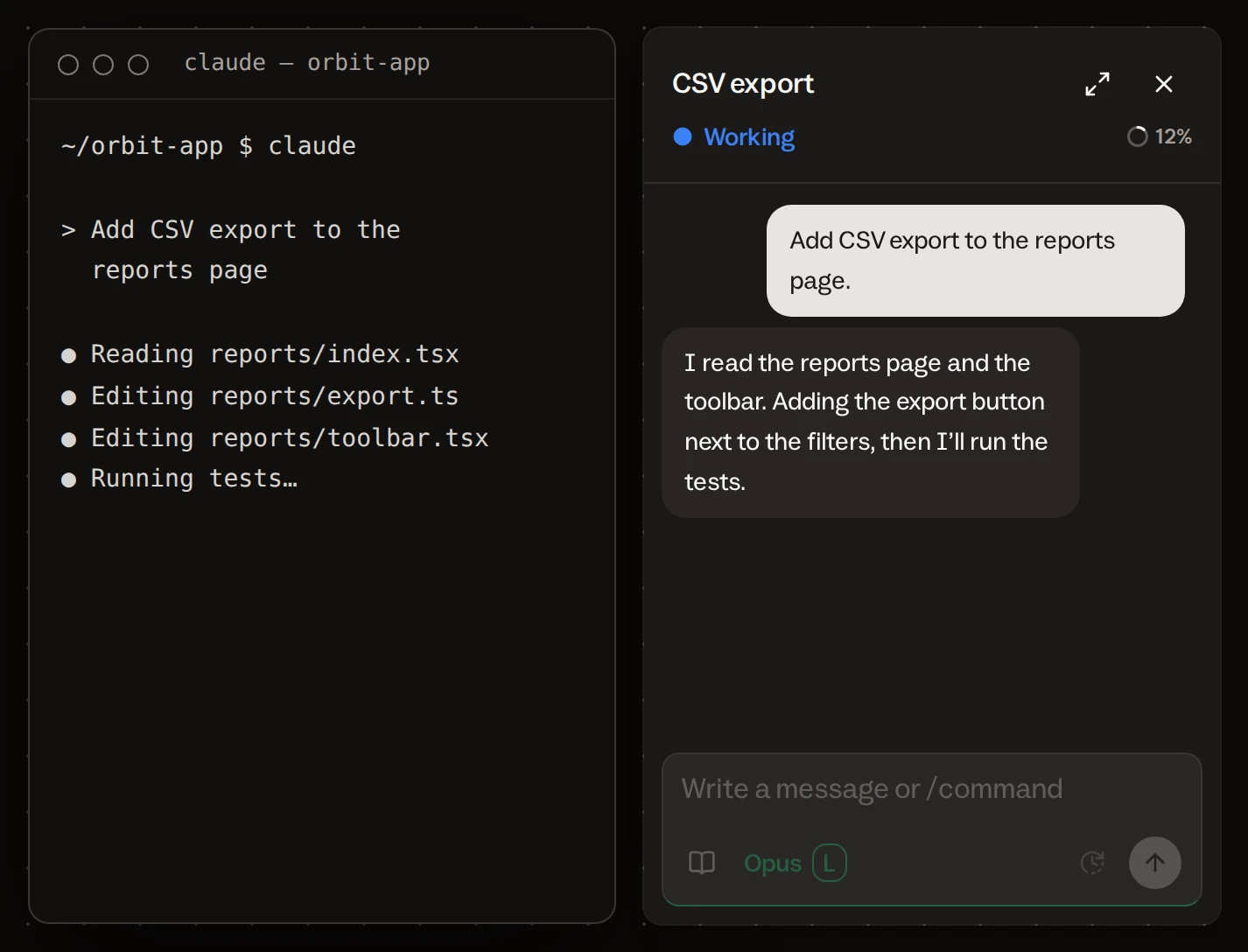 A terminal window running claude on the left, the same task as a card chat in Buzzpot on the right