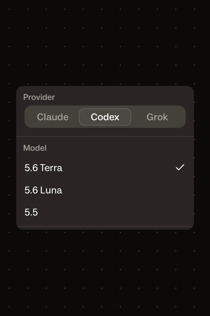 The provider tabs on a card: Codex selected, Claude and Grok next to it