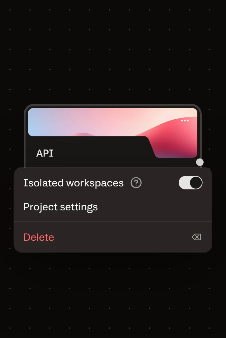 The API project card with its menu open and the Isolated workspaces switch turned on