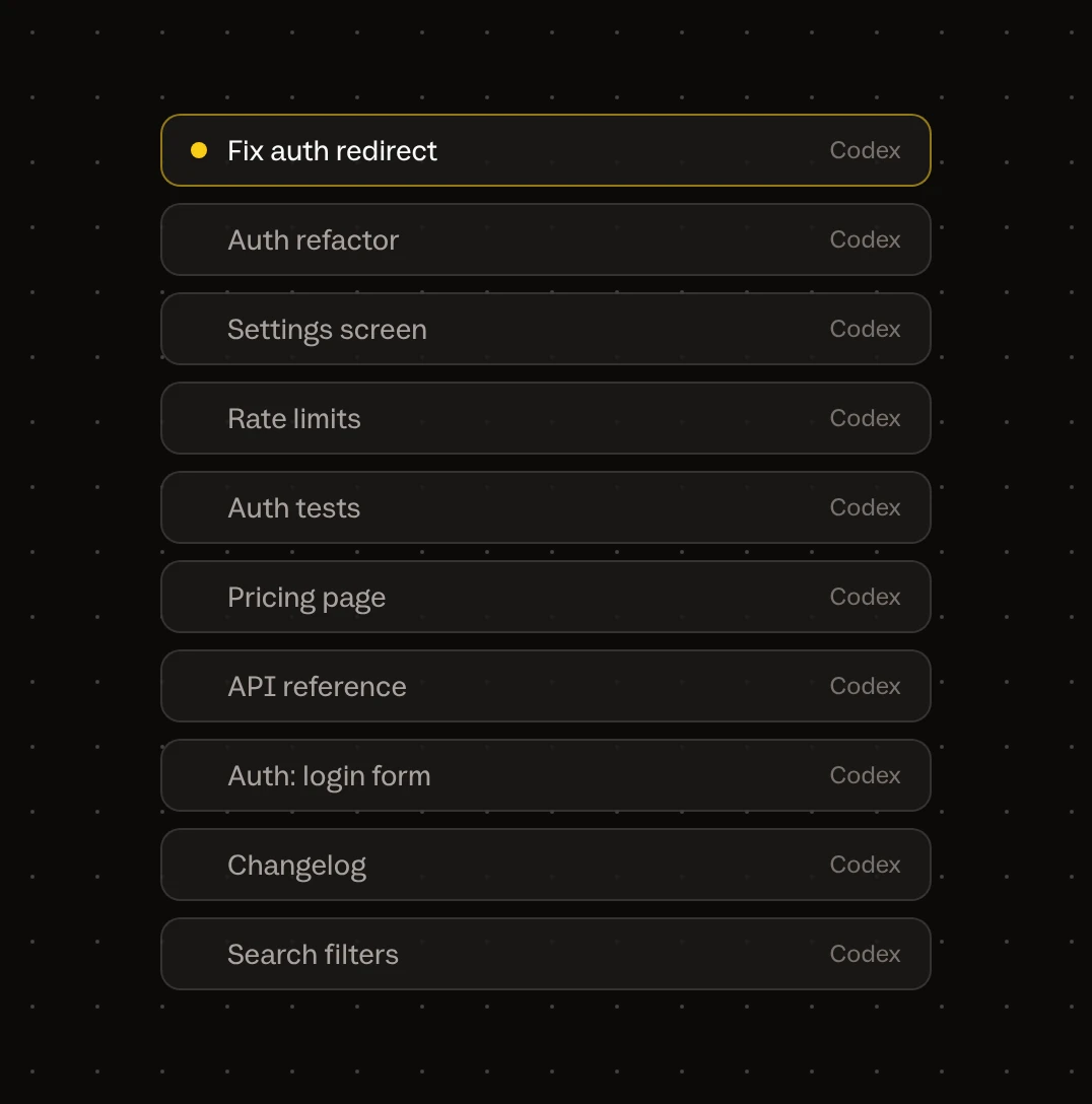 A list of ten Codex chats with similar names; Fix auth redirect is on top with a dot for a new reply