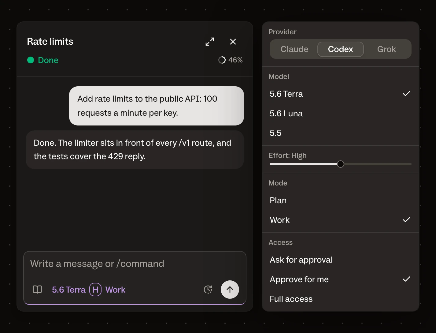 Chat of a Codex card next to its turn settings menu: provider Codex, model, effort, mode Plan or Work, and access Ask for approval, Approve for me or Full access