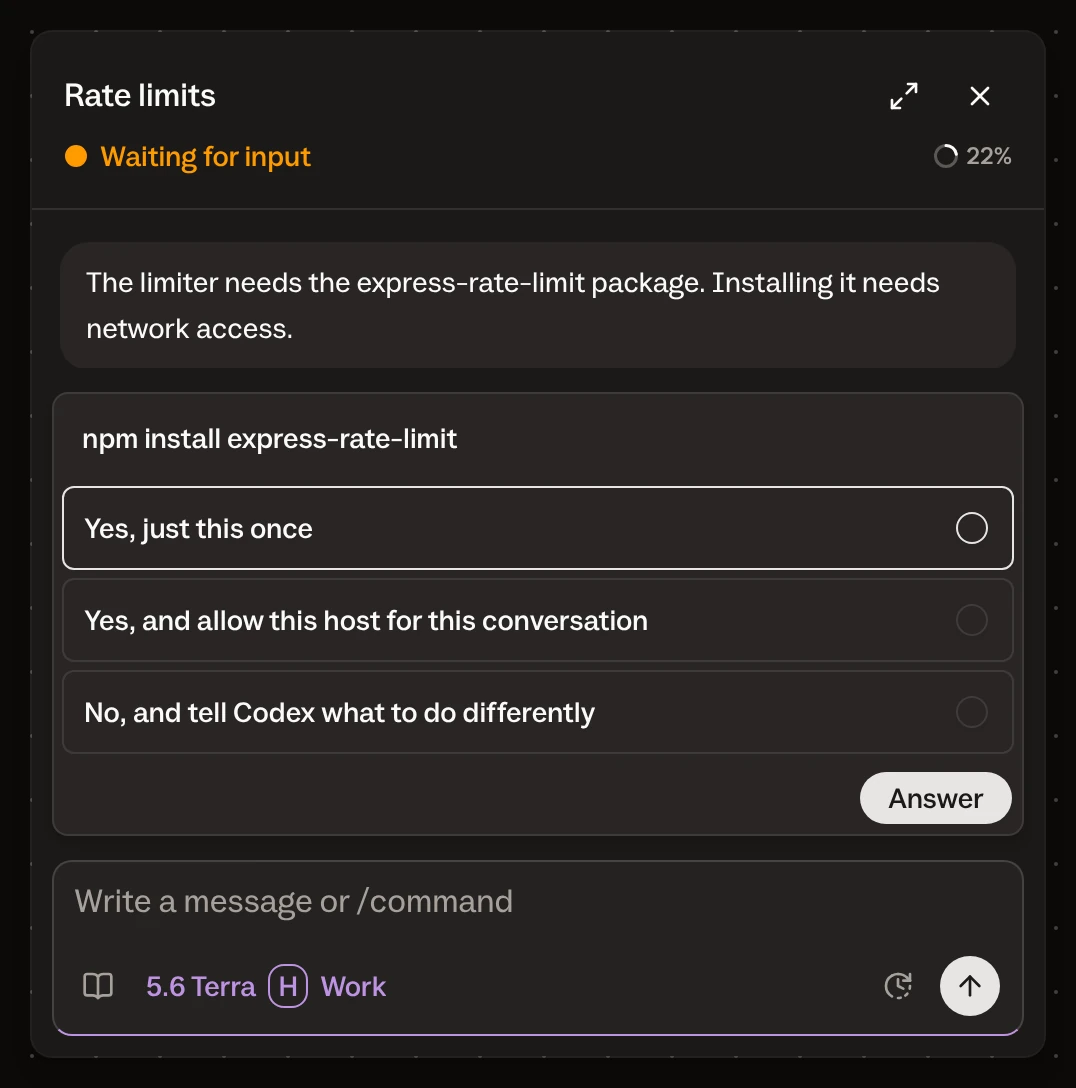 Chat of the Rate limits card: Codex asks to run npm install express-rate-limit with network access, with three answers above the message field