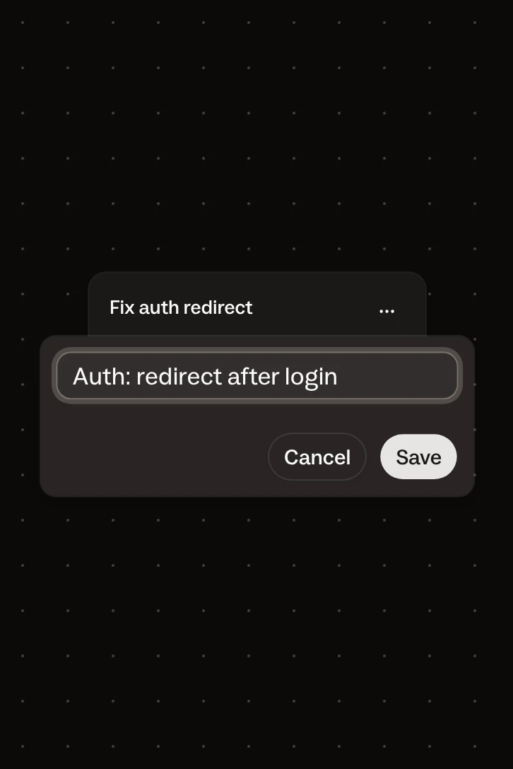 A Codex card being renamed: the name field reads Auth: redirect after login, with Cancel and Save