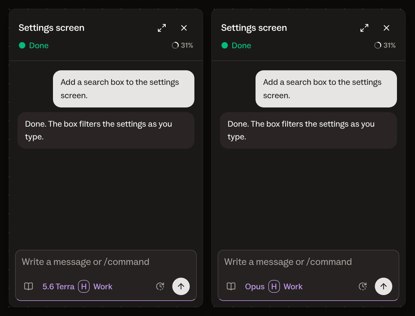 Two chats of the same task side by side: one runs on Codex, the other on Claude; only the agent label differs