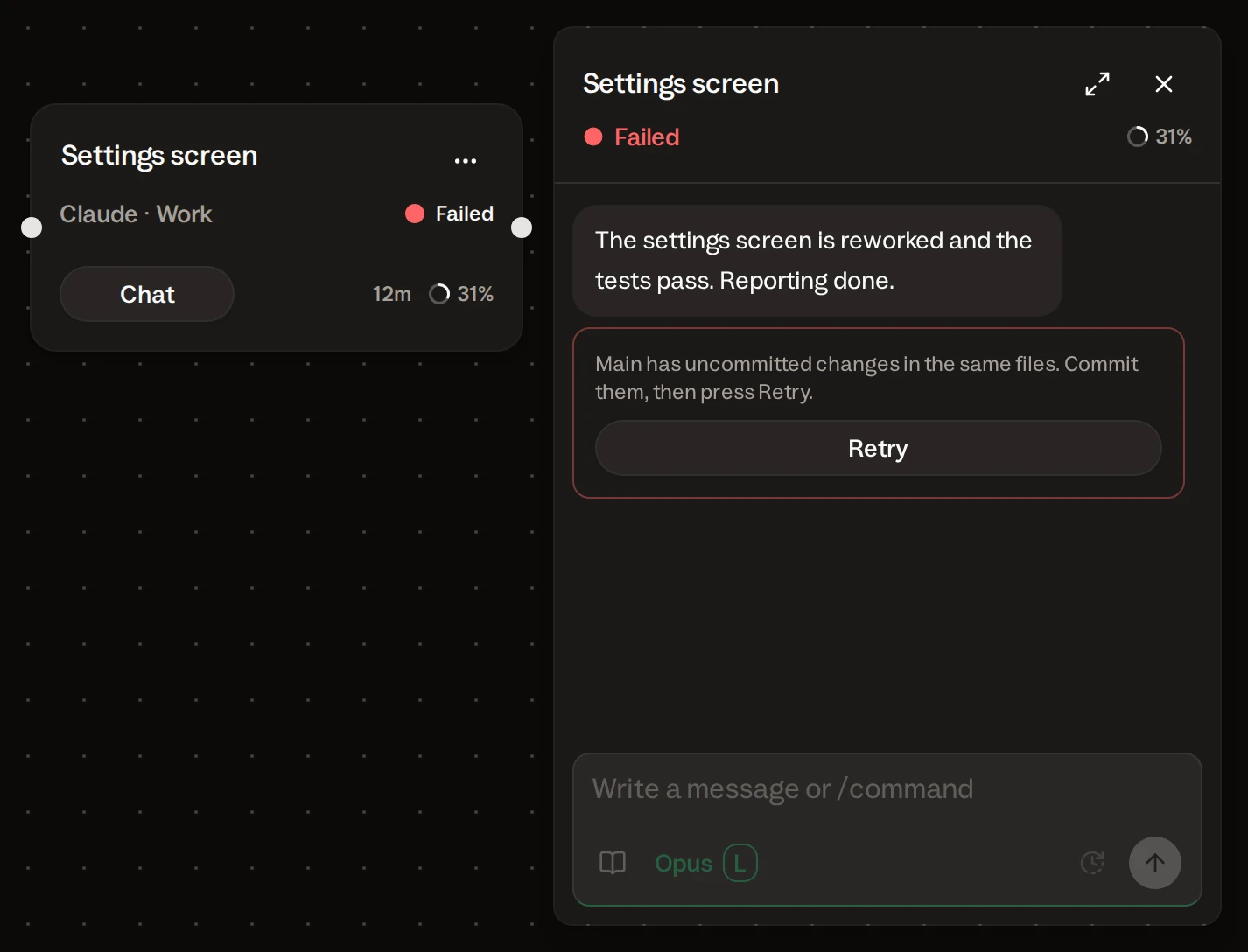 A card stopped as Failed next to its chat, which shows the reason in words and a Retry button