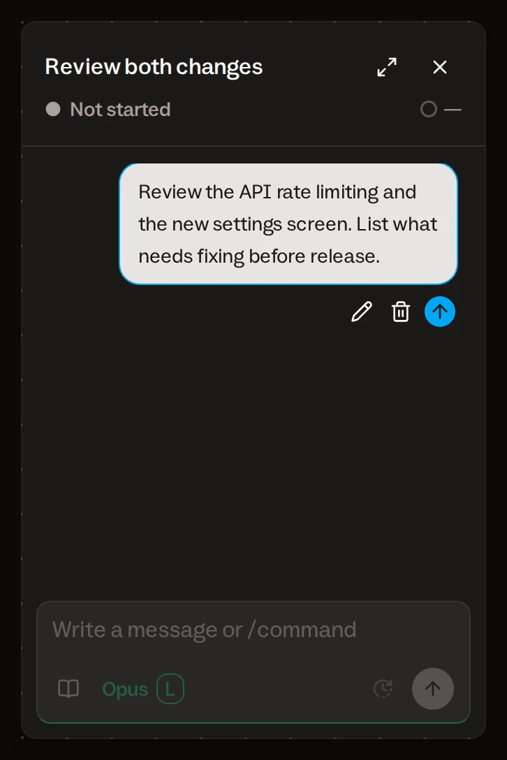 Chat of the review card with one queued message waiting to be sent