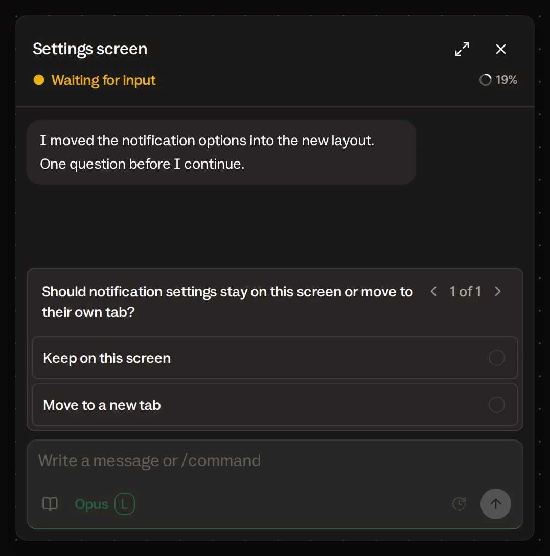 Chat of the Settings screen card: the agent’s question with two answer options above the message field